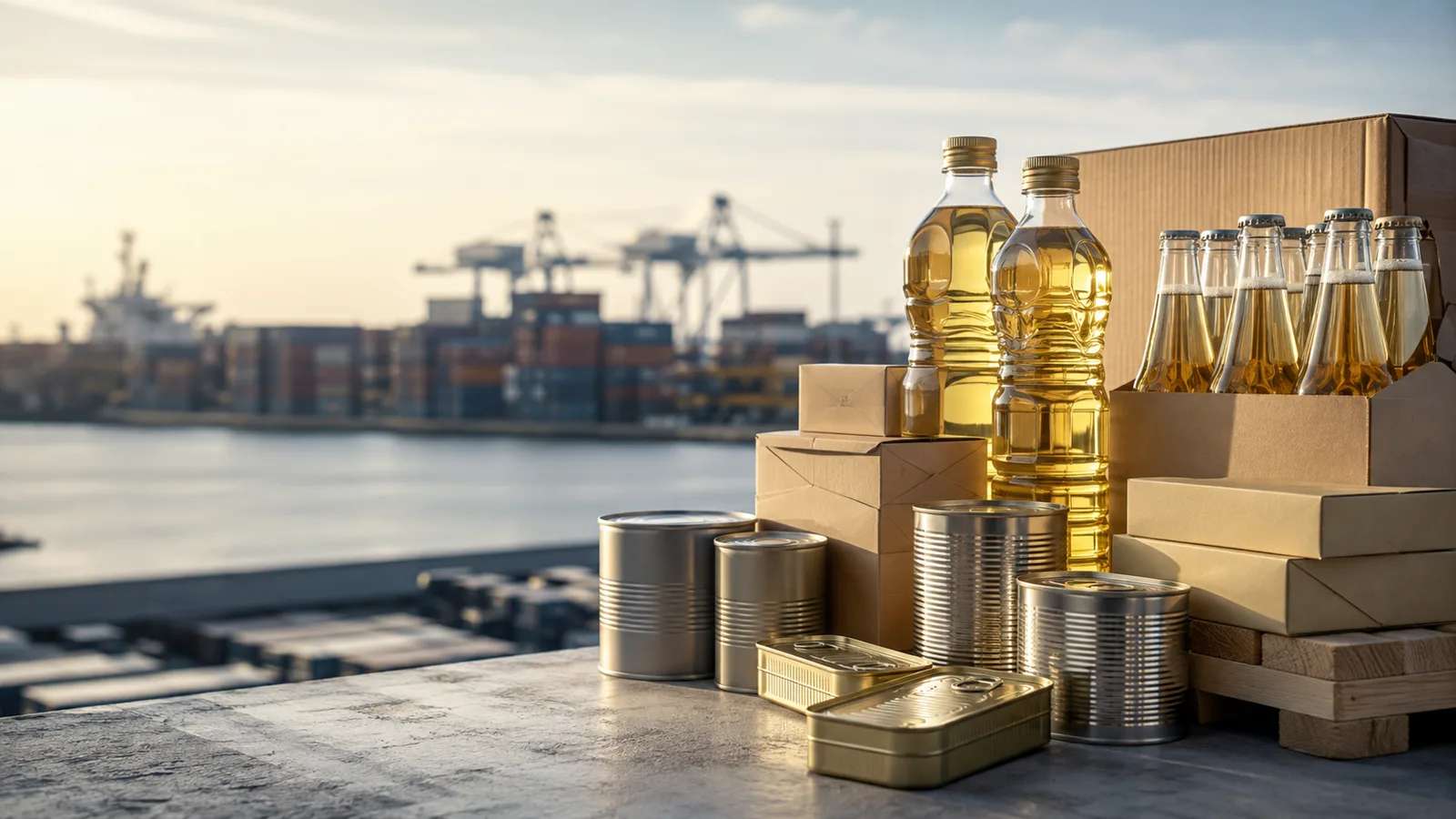 Food products, vegetable oil and beverages ready for international trade